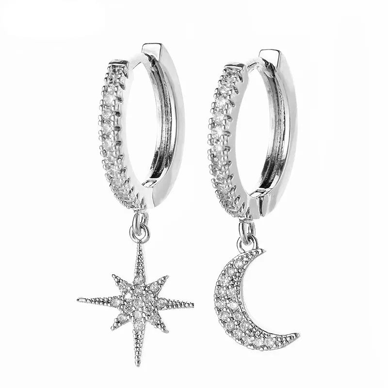 Star & Moon Sterling Silver Hoop Earrings