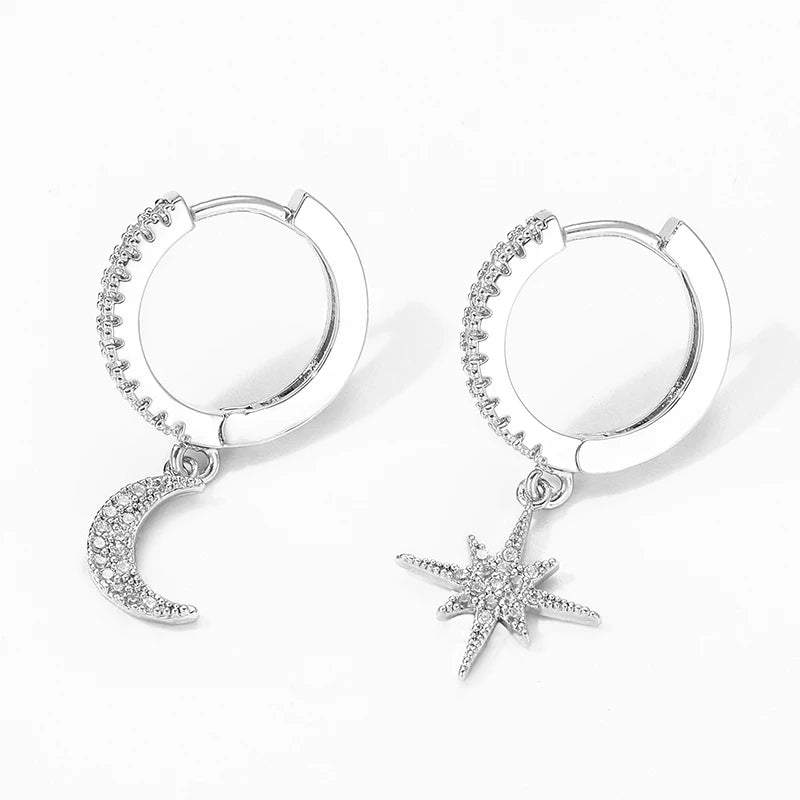 Star & Moon Sterling Silver Hoop Earrings