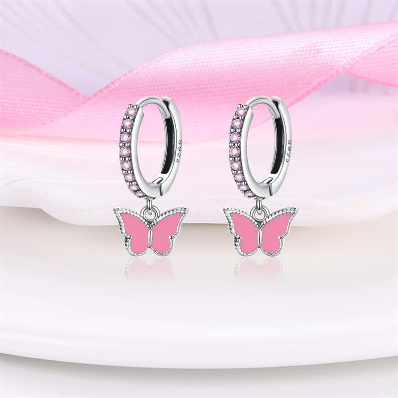 Pink Butterfly Sterling Silver Dangle Hoop Earrings